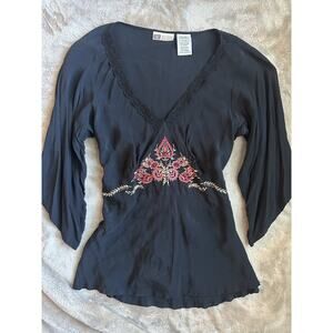 Vintage Y2K Faded Glory Black Embroidered Boho Peasant Top Lace Trim Bell Sleeve